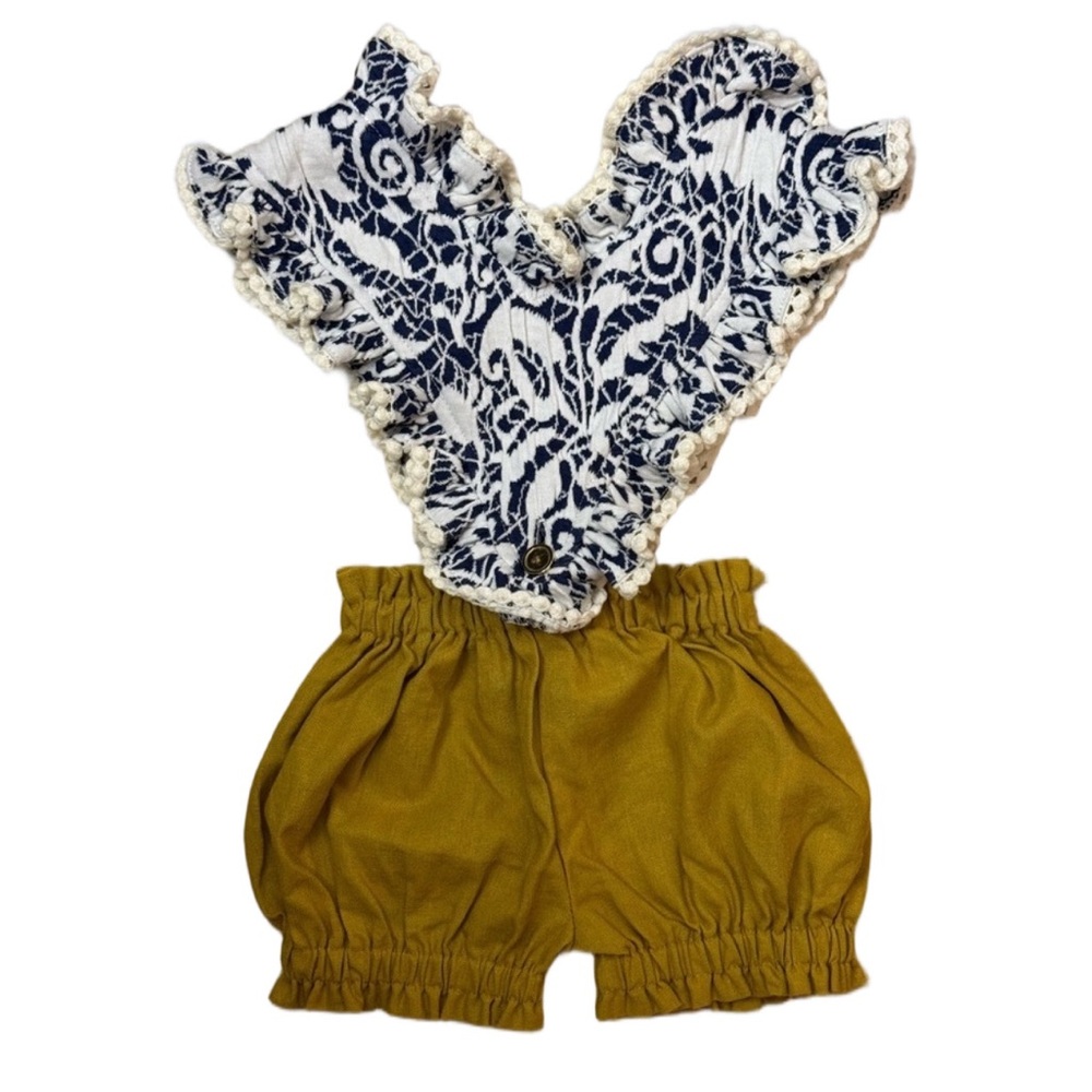 Sadie then Ty, 12-18 months. Romper. Navy and Mustard. Great Condition. Handmade